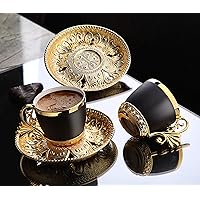 LaModaHome Espresso Coffee Cups with Saucers Set of 6, Porcelain Turkish Arabic Greek Coffee Cup and Saucer, Coffee Cup for Women, Men, Adults, Guests, New Home Wedding Gifts - Gold/Black