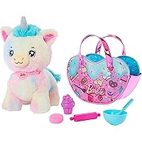 Barbie Stuffed Animals, Unicorn Toys, Plush Unicorn with Dessert-Themed Purse Playset and 5 Accessories, Chef Pet Adventure