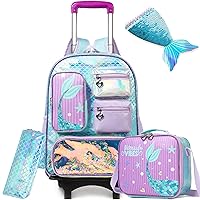 Mermaid Rolling Backpack for Girls Backpack with Wheels for Elementary Student Kids School Bag with Lunch Box Pencil Case for Girls Ages 6-8 Years Old