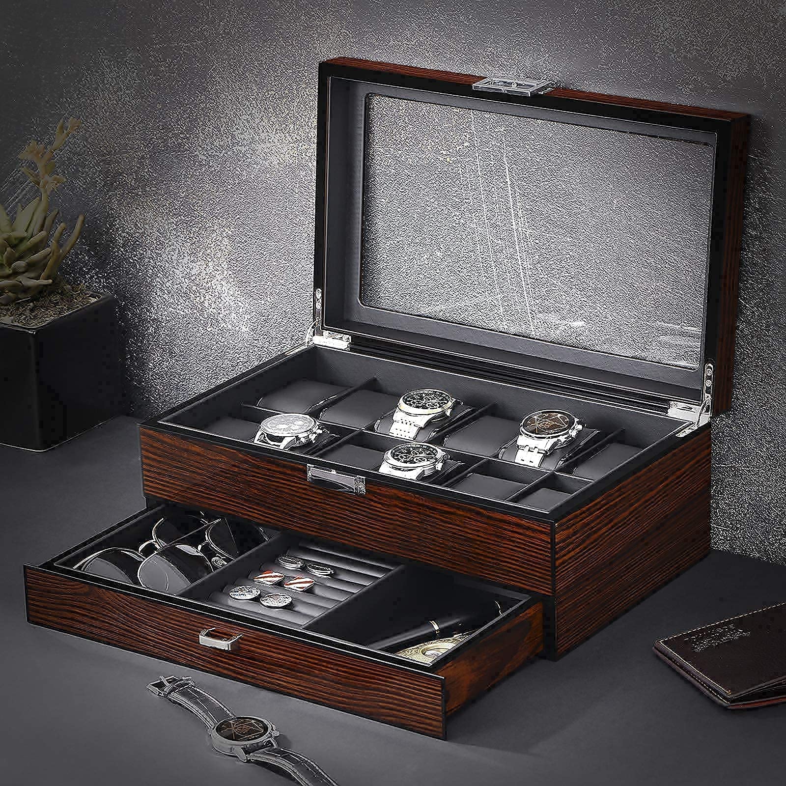 BEWISHOME Watch Box Organizer with Valet Drawer - Real Glass Top, Adjustable Tray, Metal Hinge, Carbon Fiber Design Bundle