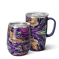 Swig Life Purple Reign AM+PM Gift Set, Includes (1) 18oz Travel Mug + (1) 14oz Stemless Wine Tumbler, Triple Insulated, Stainless Steel, and Dishwasher Safe