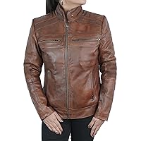 LP-FACON Women's Cafe Racer Black Leather Jacket - Real Lambskin Causal & Fashionable Slim Fit Stand Collar Jacket