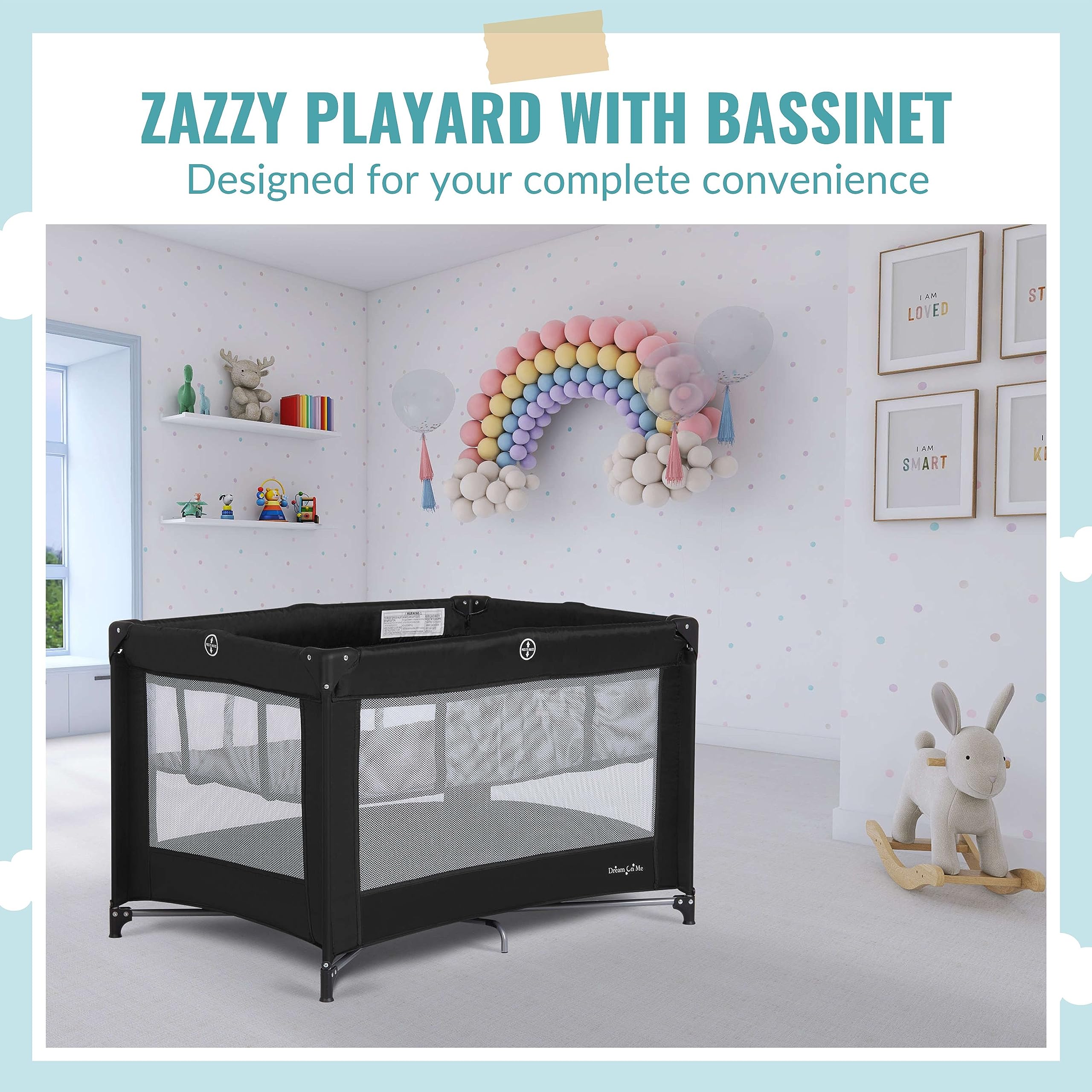 Dream On Me Zazzy Portable Playard with Bassinet in Black, Lightweight Packable and Easy Setup Baby Playard with Mattress and Travel Bag