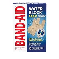 Band-Aid Brand Water Block Flex 100% Waterproof Adhesive Bandages for Knuckles & Fingertips, FirstAid Wound Care of Minor Cuts, Scrapes & Wounds, Ultra-Flexible Design, Assorted, 10 Count