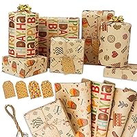Kraft Wrapping Paper Birthday 8 Sheets Recyclable Wrapping Paper with 4 Gift Tags, Folded Flat Gift Wrap Paper Set, 19.7 in x 27.6 in Per Sheet