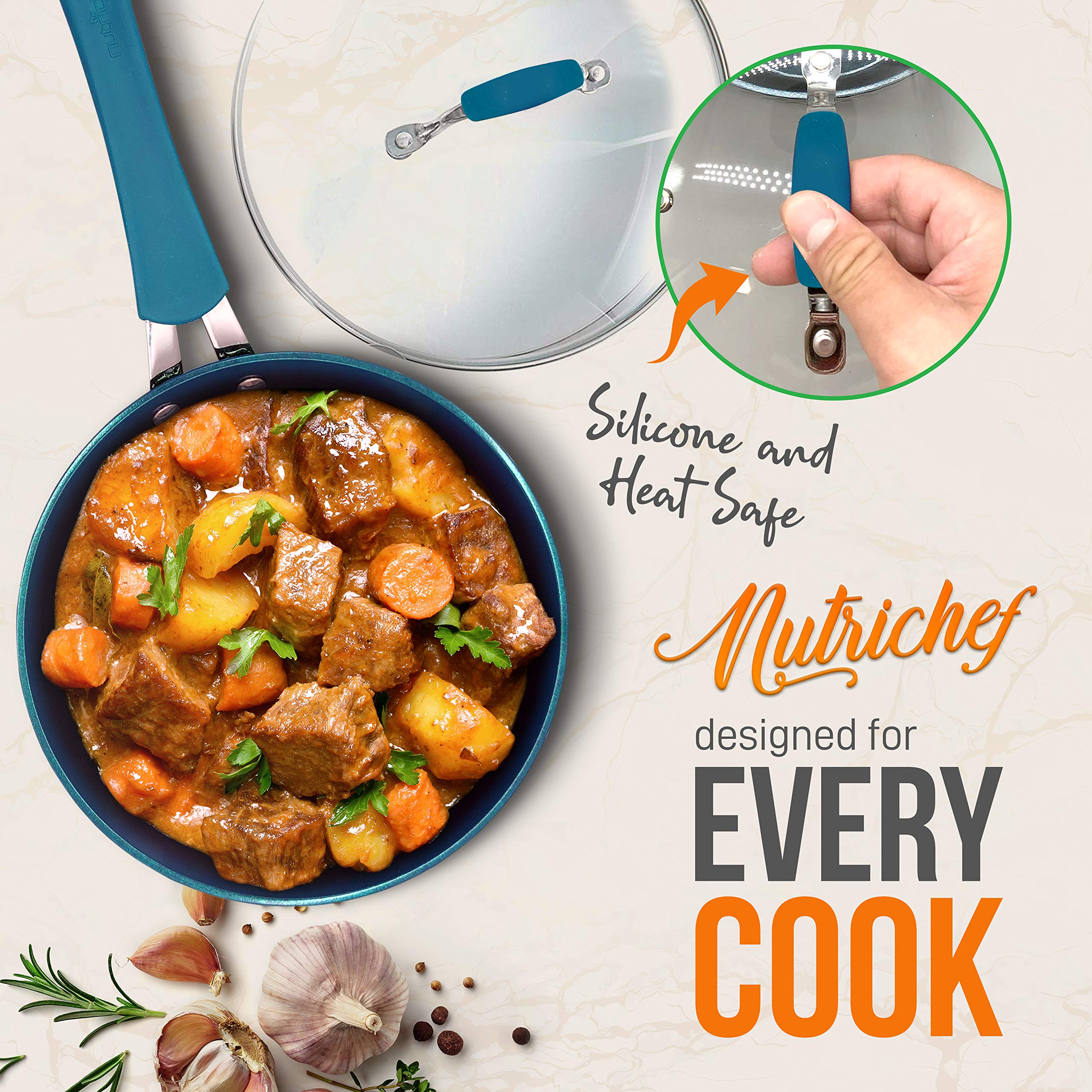 NutriChef Nonstick Cookware Excilon | Home Kitchen Ware Pots & Pan Set with Saucepan, Frying Pans, Cooking Pots, Lids, Utensil PTFE/PFOA/PFOS Free, 11 Pcs, Royal Blue