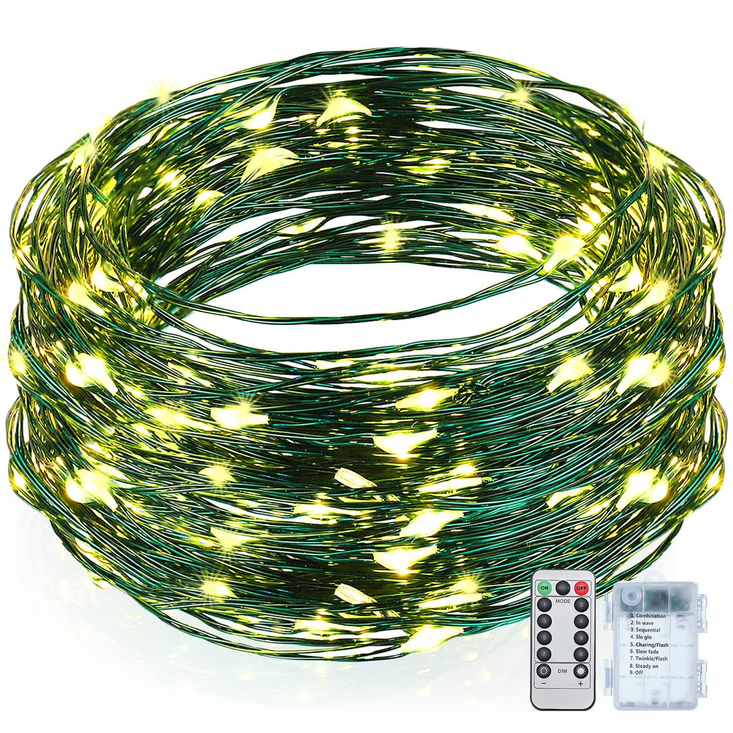 Remagr 4 Pcs Battery Operated String Lights Outdoor String Lights 33 ft/10 m 100 LED Warm White Wire Green Battery Operated Fairy Lights with 8 Modes for Christmas Garden Patio Tree Decorations