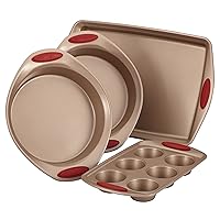 Rachael Ray Cucina Bakeware Set Includes Nonstick Cake Cookie Baking Sheet and Muffin Cupcake Pan, 4 Piece, Latte Brown with Cranberry Red Grips