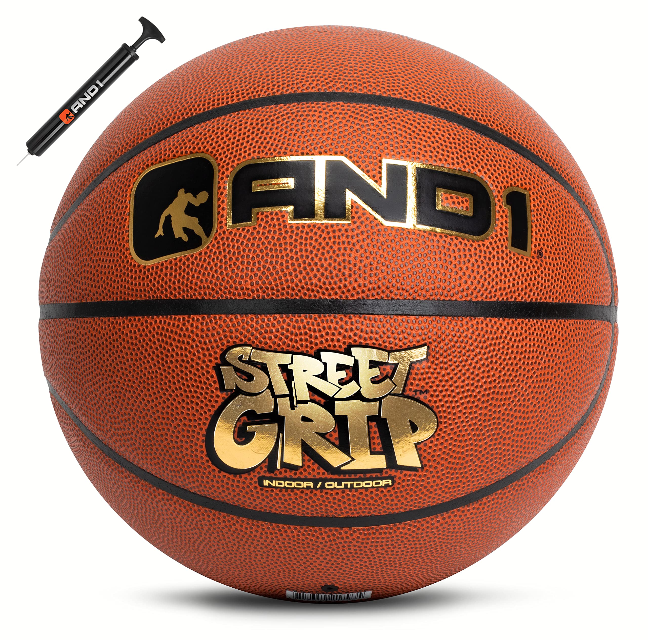 AND1 Street Grip Premium Composite Leather Basketball & Pump- Official Size 7 (29.5”) Streetball, Made for Indoor and Outdoor Basketball Games
