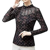 Women's Mesh Tops Elegant Long Sleeve Casual Stretchy See Through Floral Blouses Fashion Work Chiffon Shirts