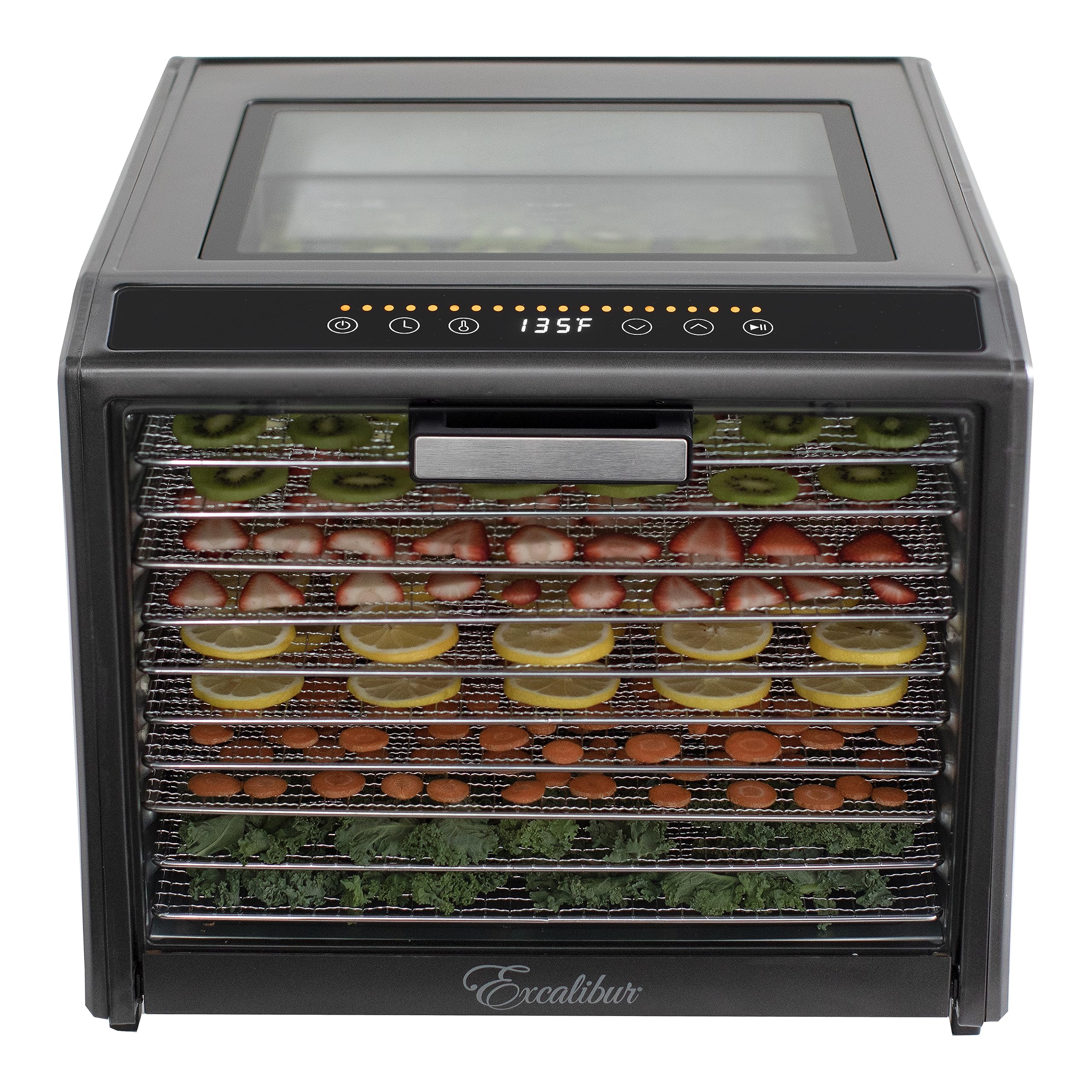 Excalibur Electric Food Dehydrator Performance Series 10-Tray with Adjustable Temperature Control Includes Stainless Steel Drying Trays Glass Door Top View Window and LED Display Progress Bar, Black