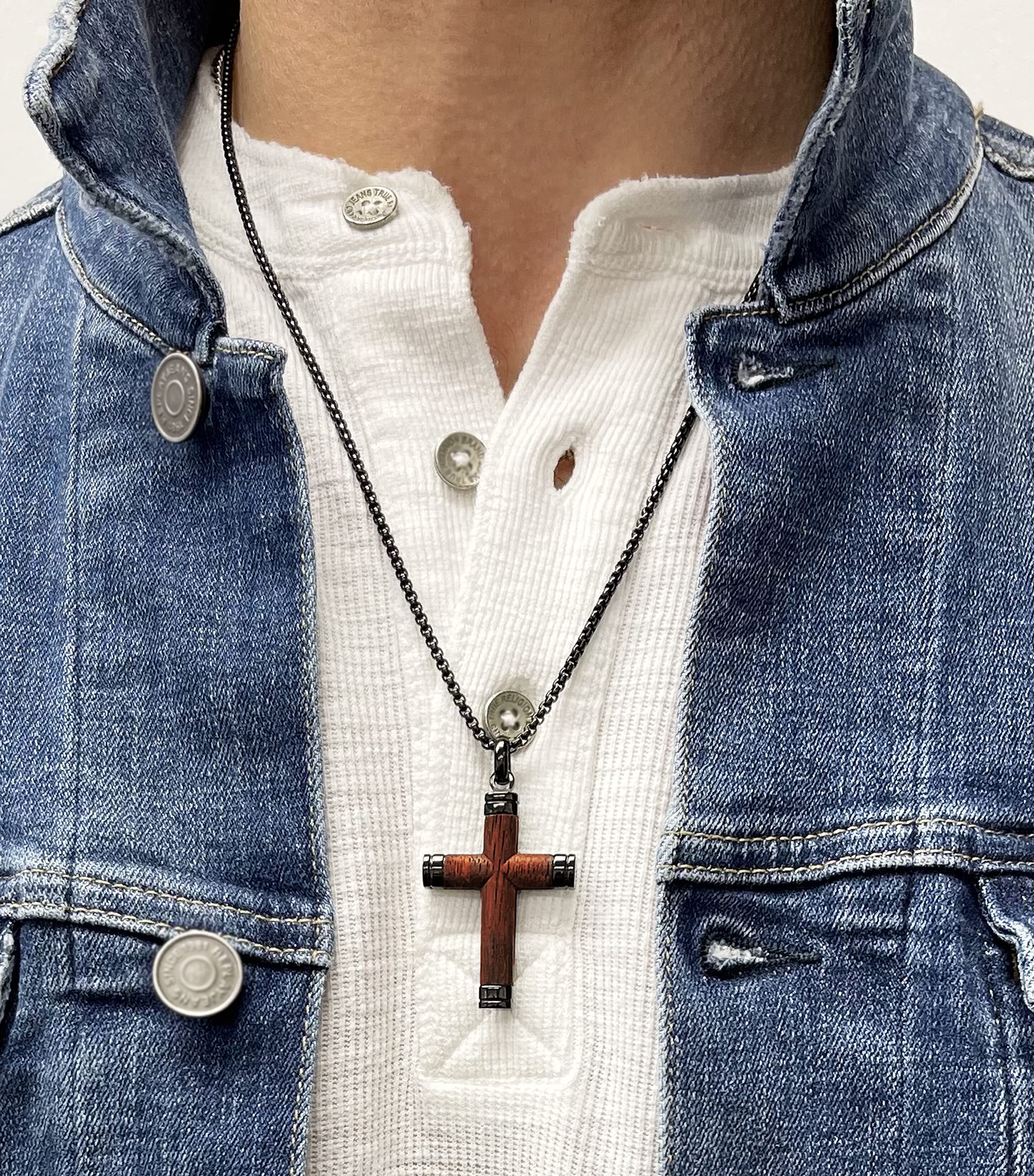 Metal Masters Co. Black Stainless Steel Cross Pendant, Real Santos Wood Free Necklace 24
