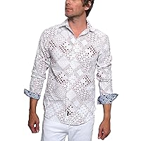 RA-RE Men's Faust Patterned Shirt with Metal Skull Snap Detail White/Red 3XL