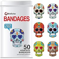BioSwiss Bandages, Skulls Shaped Self Adhesive Bandage, Latex Free Sterile Wound Care, Fun First Aid Kit Supplies for Kids, 50 Count