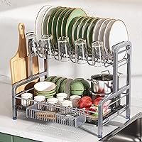 romision Dish Drying Rack and Drainboard Set, 2 Tier Large Stainless Steel Sink Organizer Dish Racks with Cups Holder, Utensil Holder, Dish Strainer Shelf for Kitchen Counter, Silver