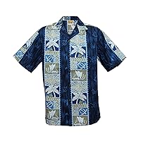 Tapa Panels Hawaiian Aloha Shirt; Made in Hawaii [Blue XL]
