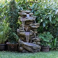 TZL198 Outdoor Floor 6-Tiered Rock Waterfall Fountain with LED Lights and Natural Stone Look, 51