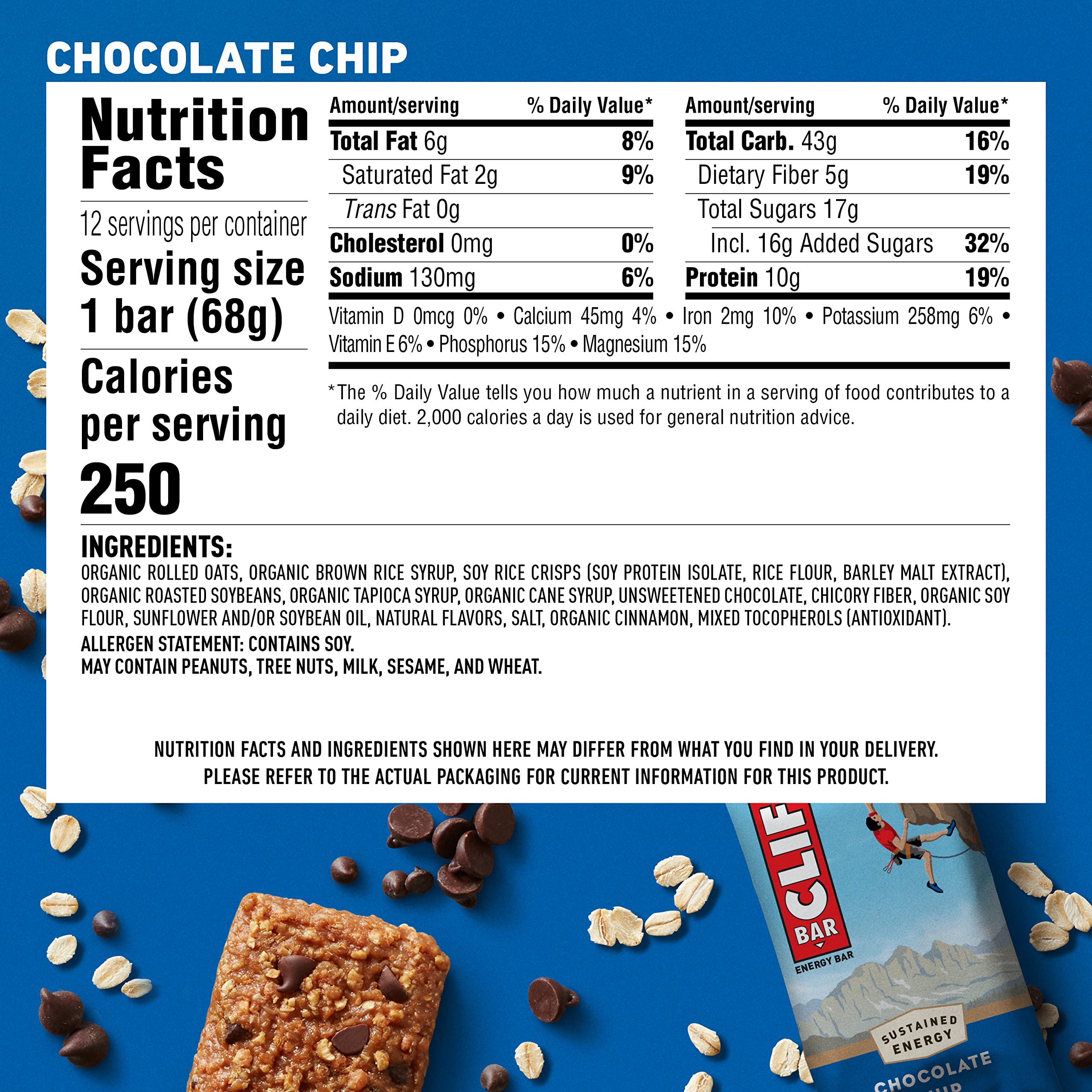 CLIF BARS - Energy Bars - Chocolate Chip - Made with Organic Oats - Plant Based Food - Vegetarian - Kosher, 2.4 Ounce (Pack of 12)