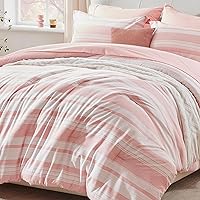 UNILIBRA Pink Full Size Comforter Set, 7 Pieces Striped Bed in a Bag, Lightweight Cationic Dyeing Bedding Sets for All Seasons with Comforter, Flat Sheet, Fitted Sheet, Pillow Shams, Pillowcases