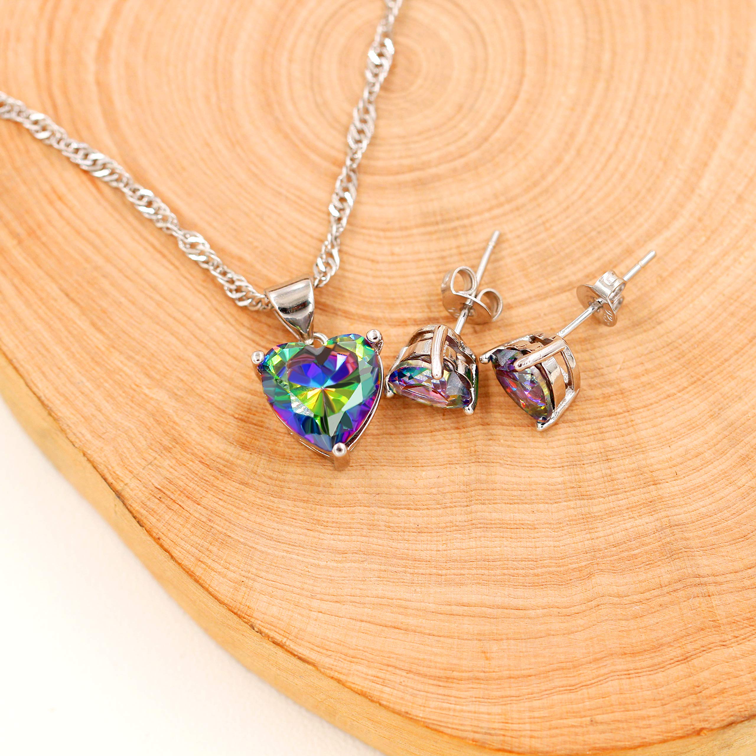 Uloveido 10mm Simulated Mystic Topaz Rainbow Heart Cubic Zirconia Solitaire Pendant Necklace Platinum Plated Y891