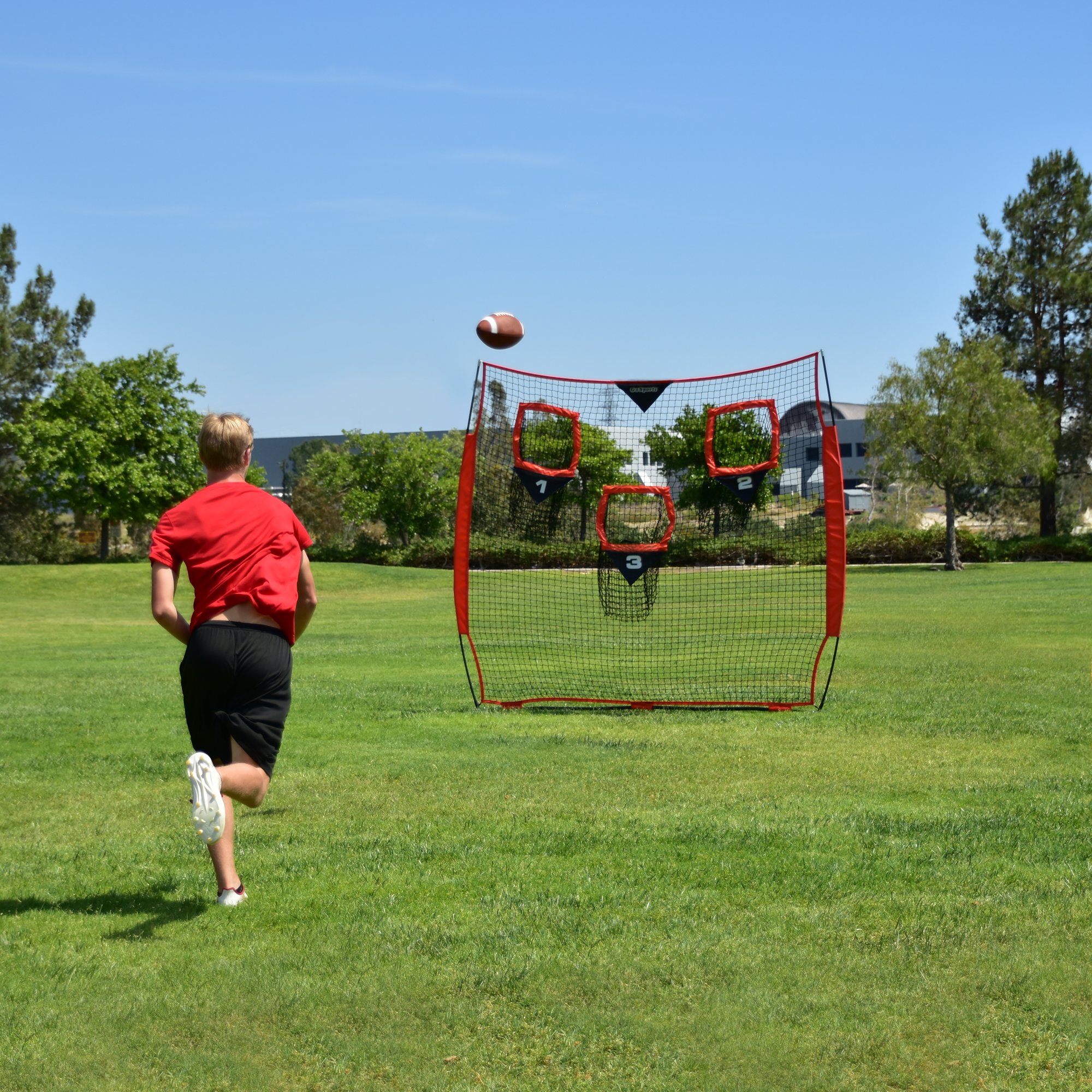 GoSports Football Trainer Throwing Net - Choose Between 8 ft x 8 ft or 6 ft x 6 ft Nets - Improve QB Throwing Accuracy - Includes Foldable Bow Frame and Portable Carry Case