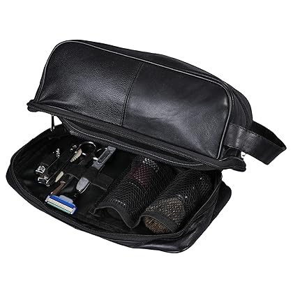 Bayfield Bags Travel Toiletry bag for Men Shaving Dopp Kit (Black) Bottom Storage Holds More (10x6x5)-Leather Mens Toiletry Bag for traveling -Shower Bathroom Bag For men - Men Travel Toiletries bag