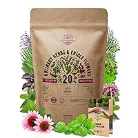 20 Culinary Herbs & Edible Flower Seeds Variety Pack for Planting Indoor & Outdoors. 5100+ Non-GMO Heirloom Flower Garden Seeds: Basil, Borage, Echinacea, Lavender, Oregano, Rosemary Seeds & More