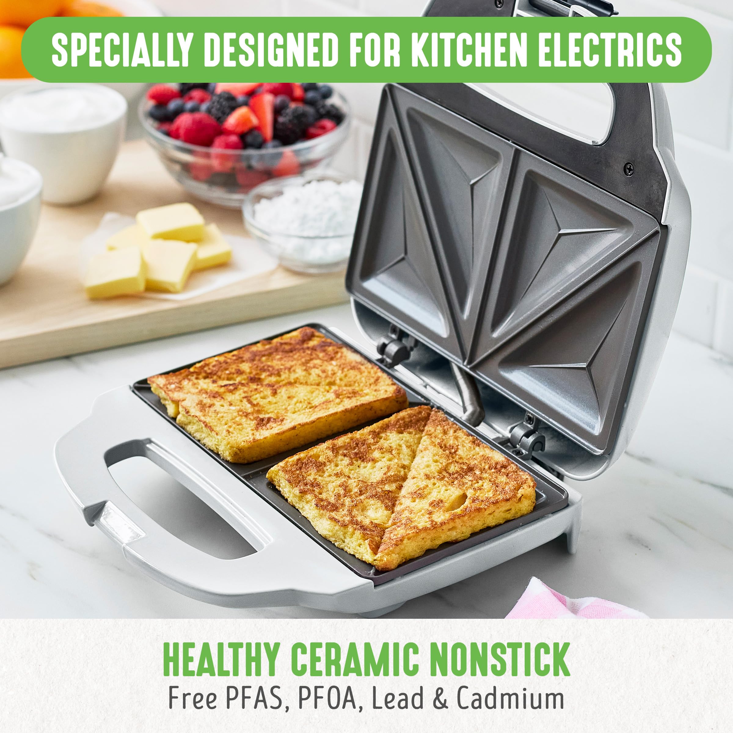 GreenLife Pro Electric Panini Press Grill and Sandwich Maker, French Toast Breakfast Sandwich and Waffle's, Healthy Ceramic Nonstick Plates,Easy Indicator Light, PFAS-Free, Silver