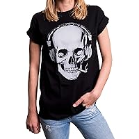 Rock Music T-Shirt Black Oversized - Smoking Headphones - Skull Plus Size Top