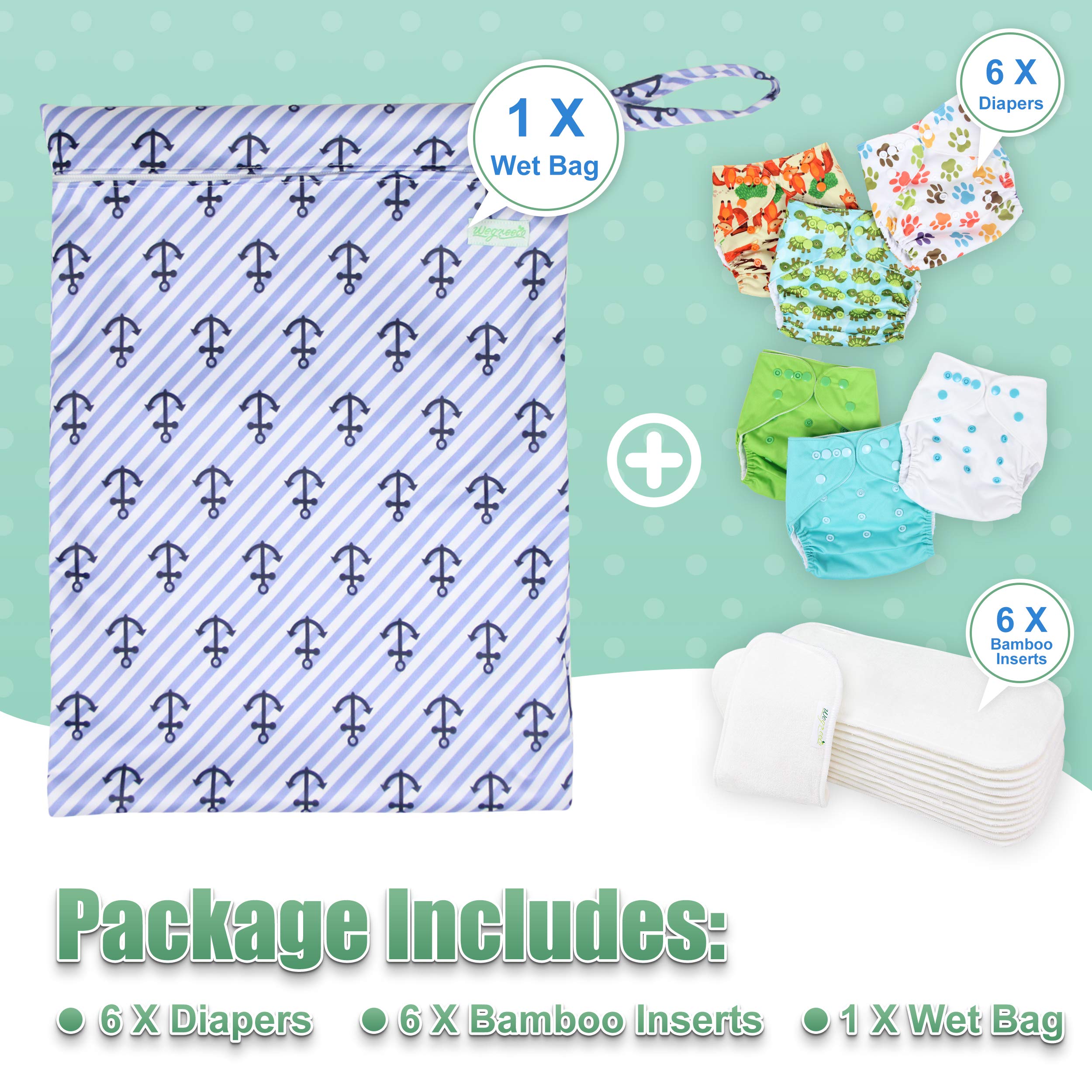 Wegreeco Washable Reusable Baby Cloth Pocket Diapers 6 Pack + 6 Bamboo Inserts (with 1 Wet Bag,Neutral Prints)