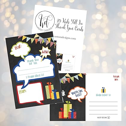 Hadley Designs 25 Chalkboard Kids Thank You Cards, Fill In Thank You Notes For Kid, Blank Personalized Thank Yous For Birthday Gifts, Stationery For Children Boys and Girls
