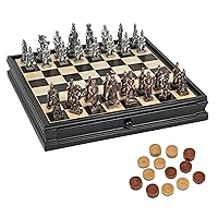 WE Games Chinese Qin Chess & Checkers Game Set - Pewter Chessmen & Black Stained Wood Board with Storage Drawers 15 in.