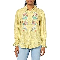 Women's Print and Embroidered Button Up Shirt with Ruffle Cuffs