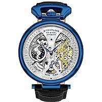 Stührling Original Mens Skeleton Watch Dial Automatic Watch with Calfskin Leather Band and - Dual Time, AM/PM Sun Moon