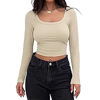 MEROKEETY Women's Long Sleeve Square Neck Crop Top Ribbed Slim Fitted Y2K Casual T-Shirt Tops