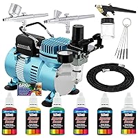 Master Airbrush Cool Runner II Dual Fan Air Compressor Airbrushing System Kit with 3 Professional Airbrushes, Gravity & Siphon Feed - 6 Primary Opaque Colors Acrylic Paint Artist Gift Set-How To Guide