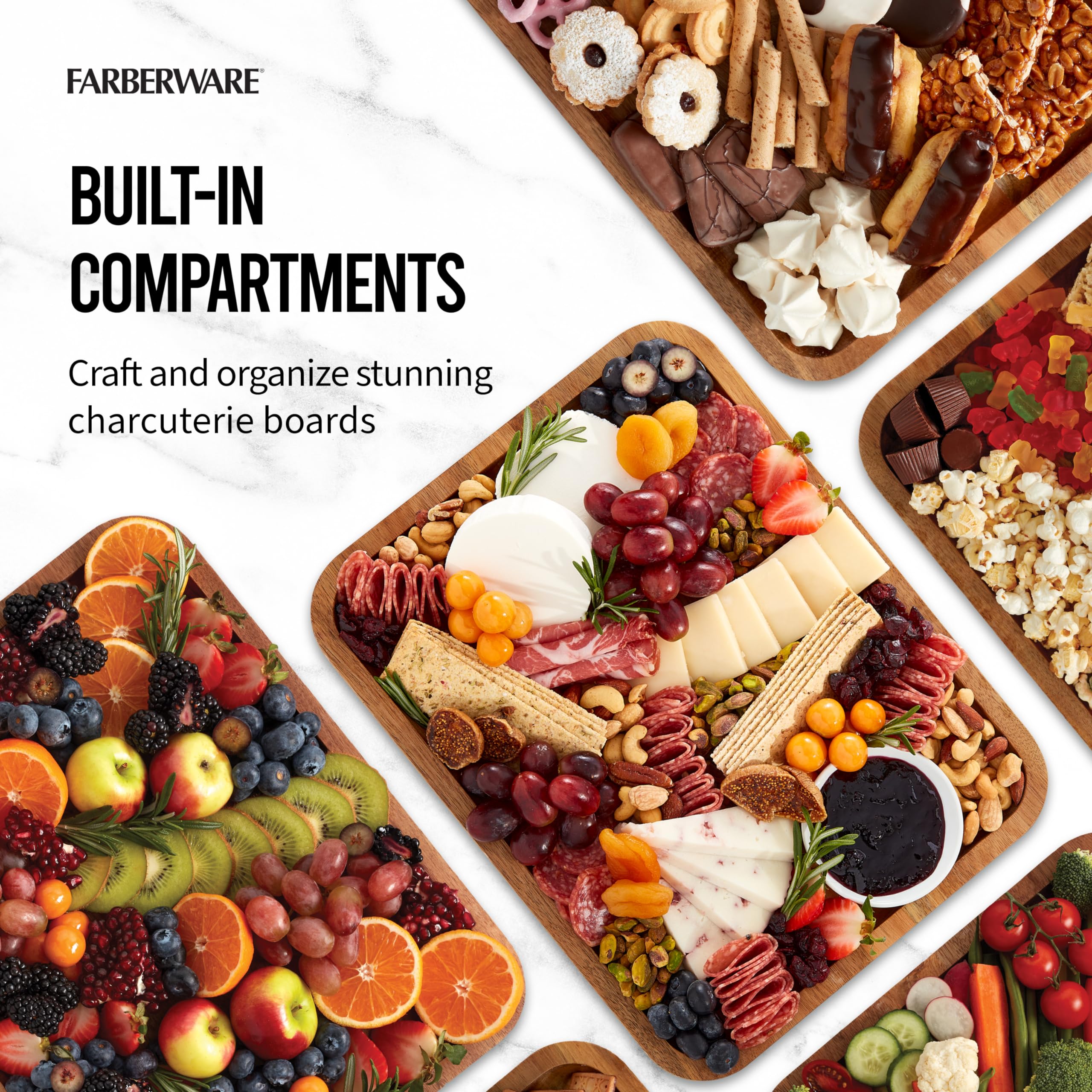 Farberware Build-A-Board Acacia Cutting Board with Built-in Compartments and Clear Locking Lid with White Handles, Perfect for Charcuterie, Snacks, and More - Make it. Take it. Enjoy it, 11x14 Inches