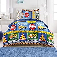 Kids 5-Piece Complete Set Easy-Wash Super Soft Microfiber Comforter Bedding, Twin, Navy Blue Under Construction