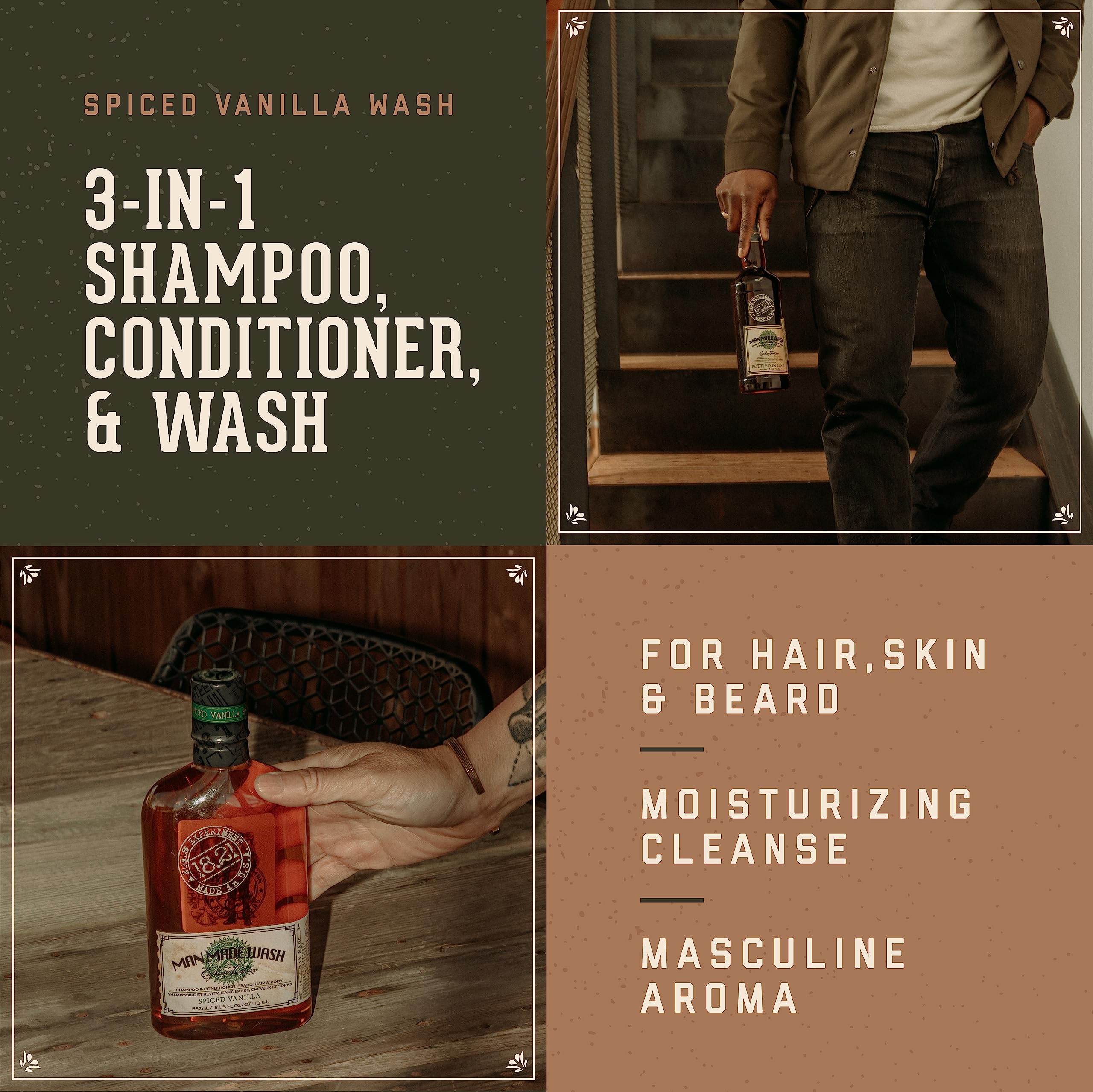 18.21 Man Made Original 3-in-1 Body Wash, Shampoo, & Conditioner for Men, All Hair & Skin Types, Strengthens and Moisturizes in a Manly Aroma