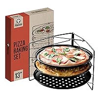 Chef Pomodoro Pizza Baking Set with 3 Pizza Pans & Pizza Rack, 13-Inch, Non-stick Pizza Stand & Pizza Tray for Oven, Grill, Pizza Pan with Holes, Perforated Pizza Pan for Oven, Barbeque