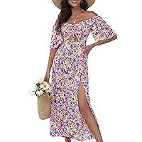 Womens Summer Floral Midi Dress 2024 Casual Boho Dresses Short Sleeve A-line Square Neck Tie Front Cutout Spring Dress