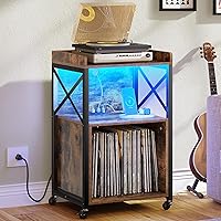 YITAHOME Record Player Stand, Turntable Stand, Albums on Vinyl Record Storage Audio Cabinet with LED Light and Charging Station, Record Table with Wheel for Living Room, Bedroom, Office, Brown