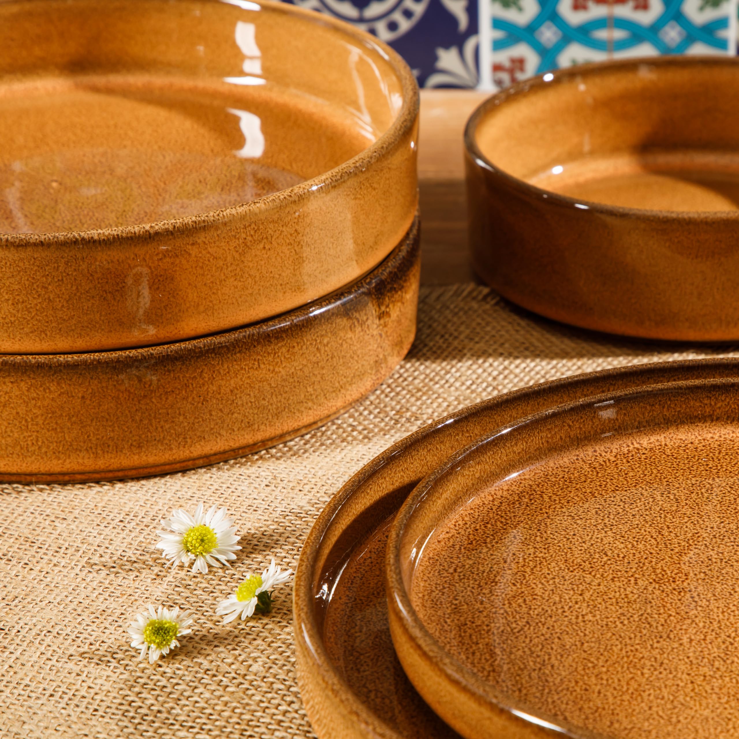 Bloomhouse - Oprah's Favorite Things - Santorini Mist Double Bowl Terracotta Reactive Glaze Plates and Bowls Dinnerware Set - Amber, Service for Four (16pcs)