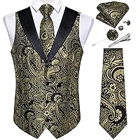 DiBanGu Mens Paisley Suit Vest Silk Jacquard Waistcoat and Necktie Set Shawl Collar Dress Vest 7PCS for Tuxedo Wedding Party