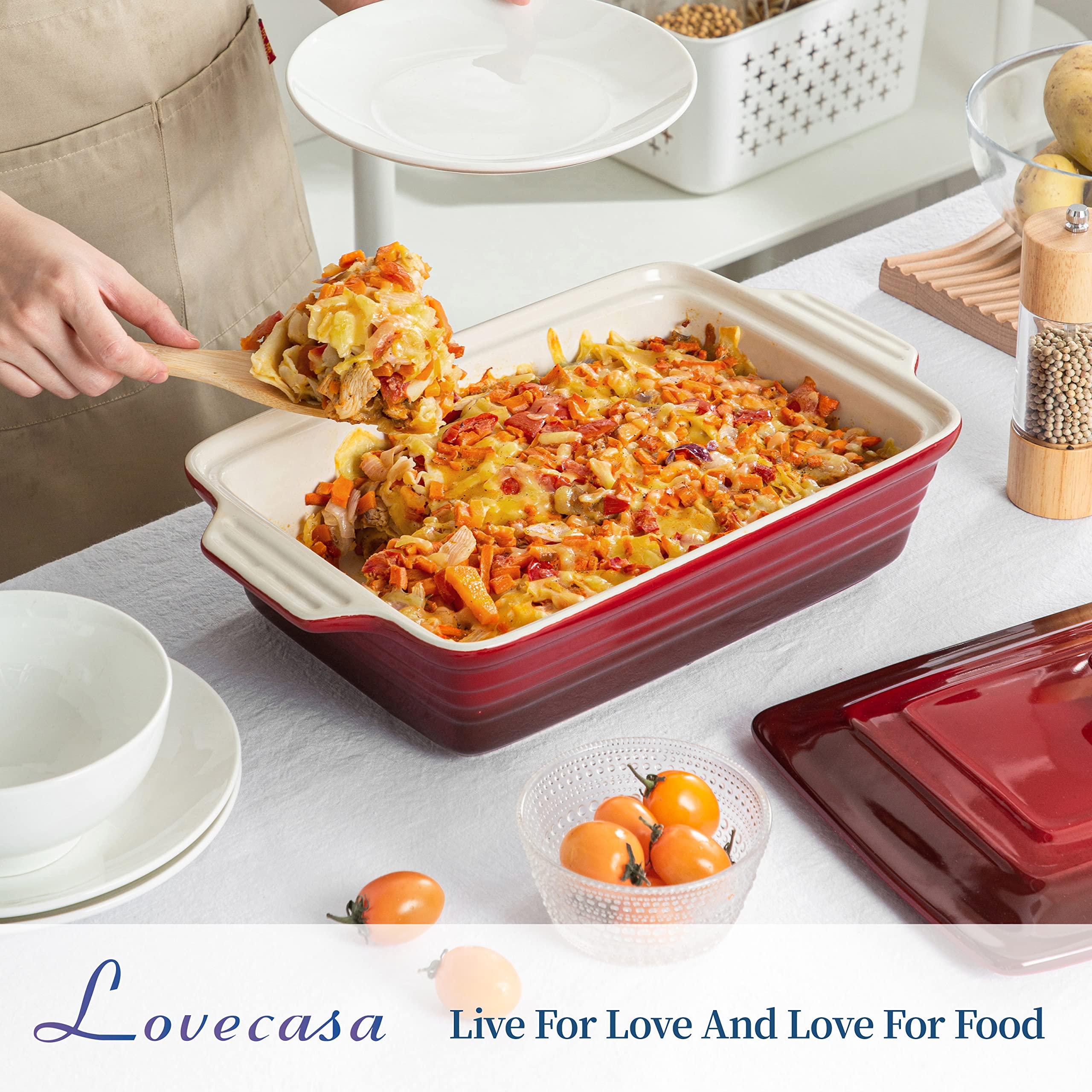 4.5 Quart Nonstick Casserole Dish with Lid, LOVECASA 9 x 13 Inches Lasagna Pan Deep, Ceramic Baking Dish for Dinner, Banquet, and Party, Gradient Red