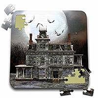 3dRose A Creepy Haunted Halloween House with Full Moon and Bats - Puzzle, 10 by 10-inch (pzl_181758_2)