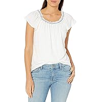 Max Studio Women's On/Off Shoulder Cap Sleeve Crinkled Knit Jersey Top with Tonal Stitch