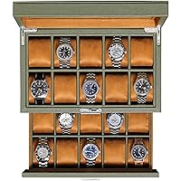 ROTHWELL 20 Slot Leather Watch box - Luxury Watch Case Display Jewelry Organizer, Locking Watch Display Case Holder with Large Real Glass Top - Watch Box Organizer for Men and Women (Green/Tan)