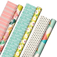 Hallmark Reversible Spring Wrapping Paper (3 Rolls: 75 Sq. Ft. Ttl) Floral, Lemons, Bright Abstract for Easter, Birthdays, Mother's Day, Bridal Showers, Baby Showers
