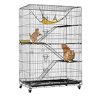 VIVOHOME 4-Tier 49 Inch Collapsible Metal Cat Kitten Ferret Cage 360° Rotating Casters Enclosure Pet Playpen with Ramp Ladders Hammock and Bed Black
